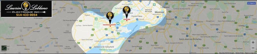 Montreal West Island Work Map for West Island Electrician Electrical Services